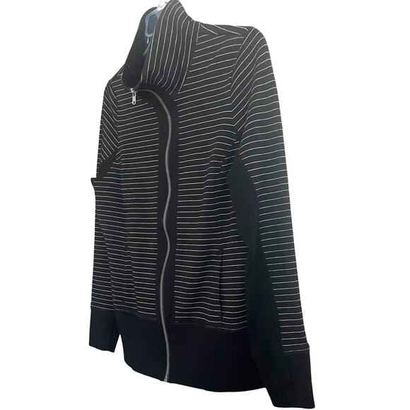 CABI LONG SLV FRONT ZIP COTTON/POLY FLEECE JACKET, WOMENS, L, BLACK/WHITE STRIPE - Picture 9 of 12